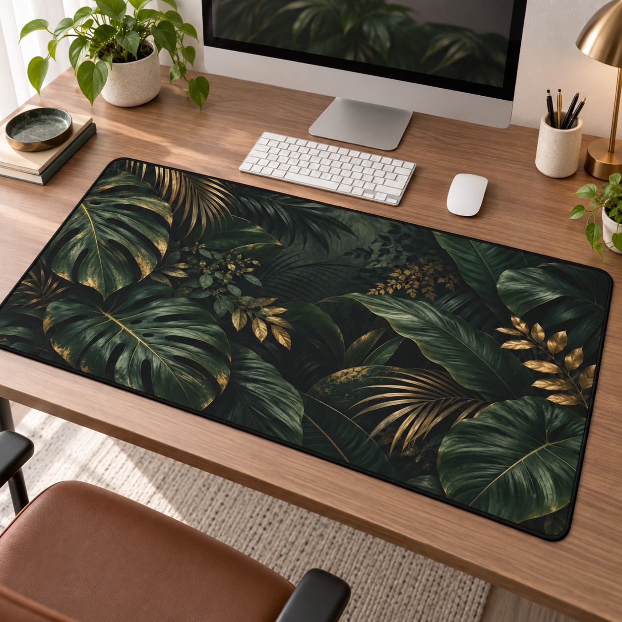 Dark Green Botanical Desk Mat, Tropical Leaf Mouse Pad, Gold Jungle Decor