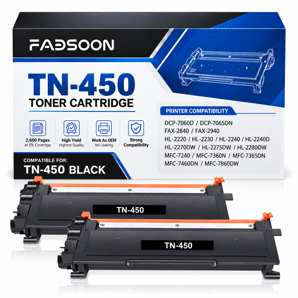 TN450 Toner Cartridge 2PK BK Replacement for FAX-2840 FAX-2940 MFC-7240 2-Pack