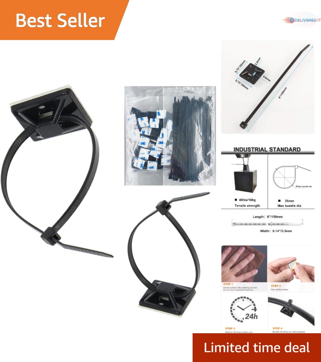 Self Adhesive Cable Clips Set 100 Pcs Black UV Waterproof Wire Mounts