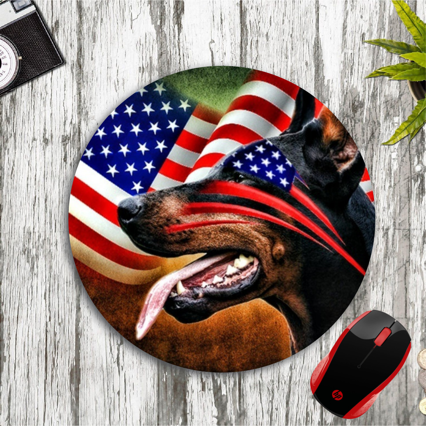 PATRIOTIC AMERICAN FLAG DOBERMAN ROUND NEOPRENE MOUSE PAD MAT HOME SCHOOL OFFICE
