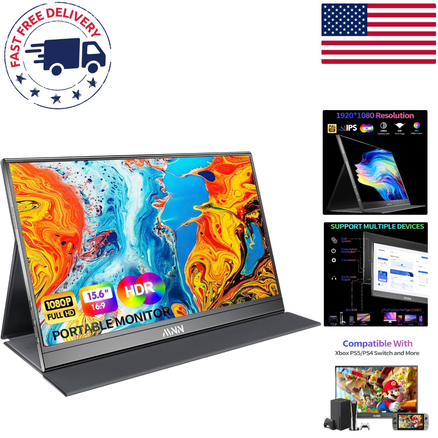Compact 15.6" FHD Portable Gaming Monitor with Smart Cover and Adaptive Sync