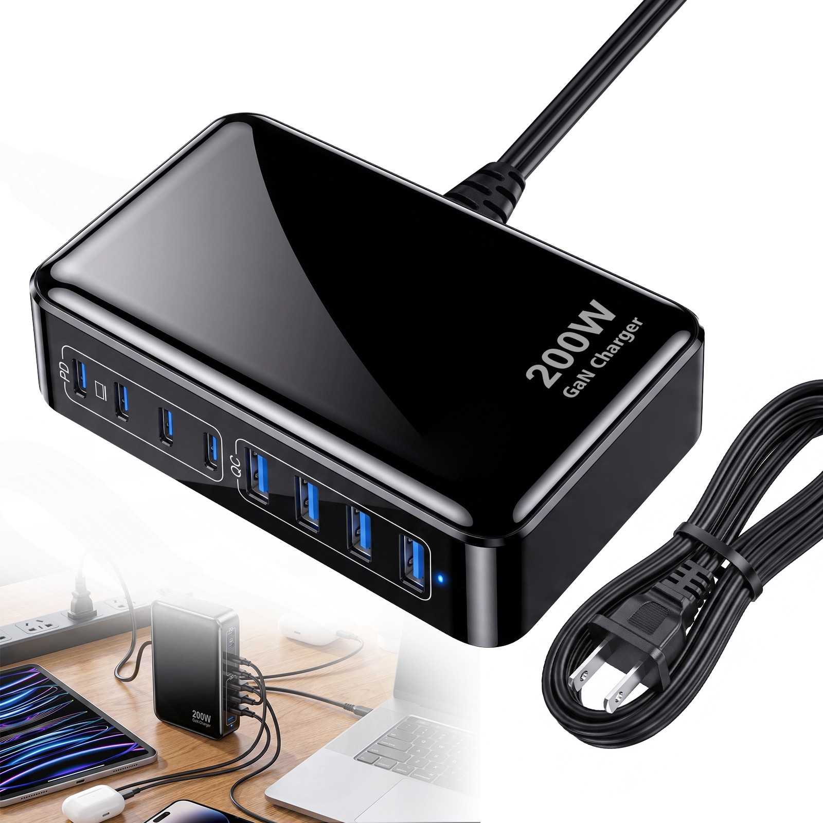 200W USB-C Charger Block 8Port GaN Charging Station PD 65W Laptop Charge Adapter