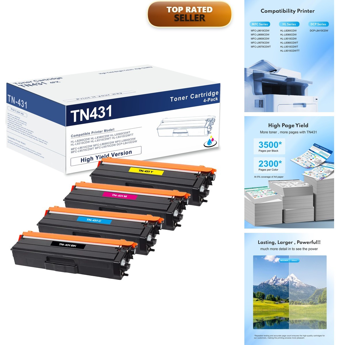 MOLIMER TN431 Toner Cartridge 4-Pack, Replacement Brother TN431BK TN431C TN431M