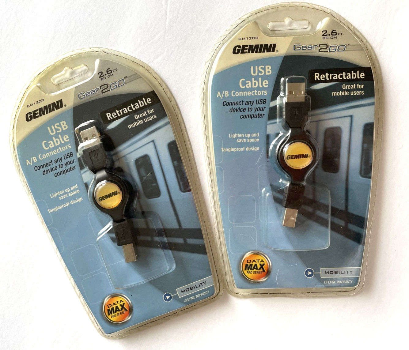 Set of 2 GEMINI Gear2Go Retractable USB Cable AB GM1200 New Sealed Blister 2.6 f