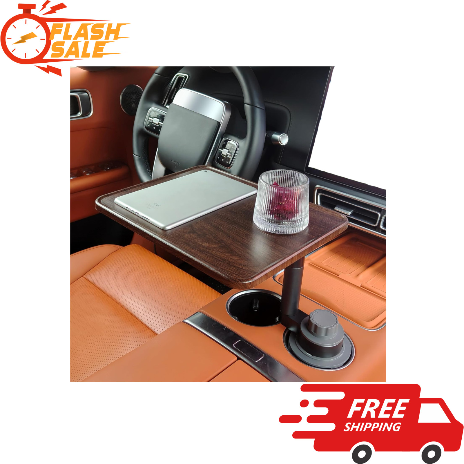 NEW Car Desk for Laptop, 360° Rotating Cup Holder Table, Wood Car Tray, Steering