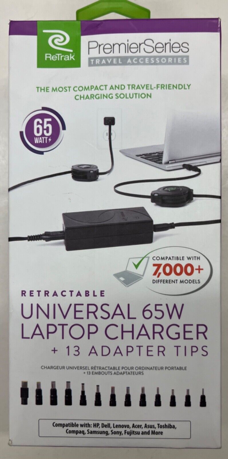 ReTrak Premier Series Retractable Universal 65W Laptop Charger w/13 Tips