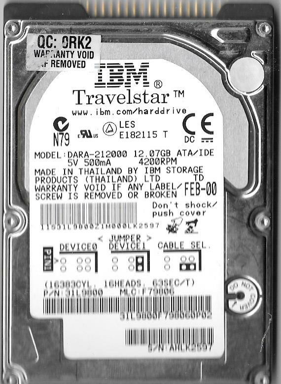 IBM DARA-212000 12.07GB 2.5" IDE Hard Drive For Parts or Repair PLEASE READ
