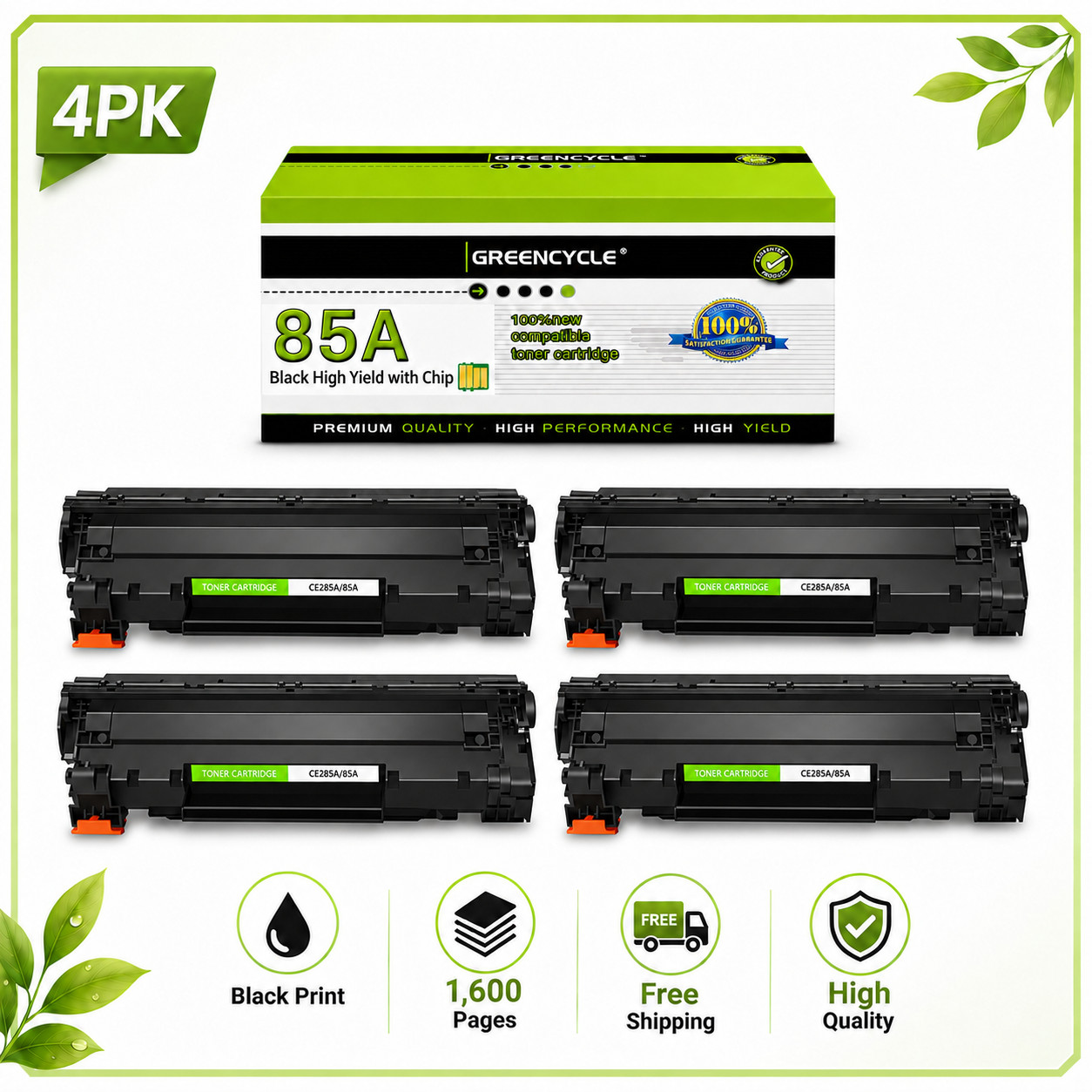 4PK CE285A 85A Toner Cartridge For HP LaserJet P1102w M1130 M1132 M1212f M1212nf