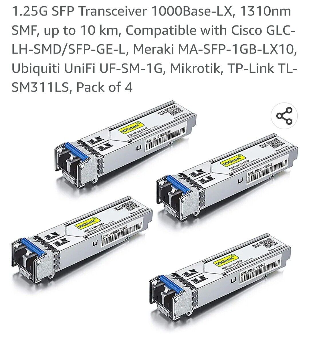 4 Pack 1.25G SFP Moc r:le 000Base-LX(SMF,1310nm,20km,DDM)...
