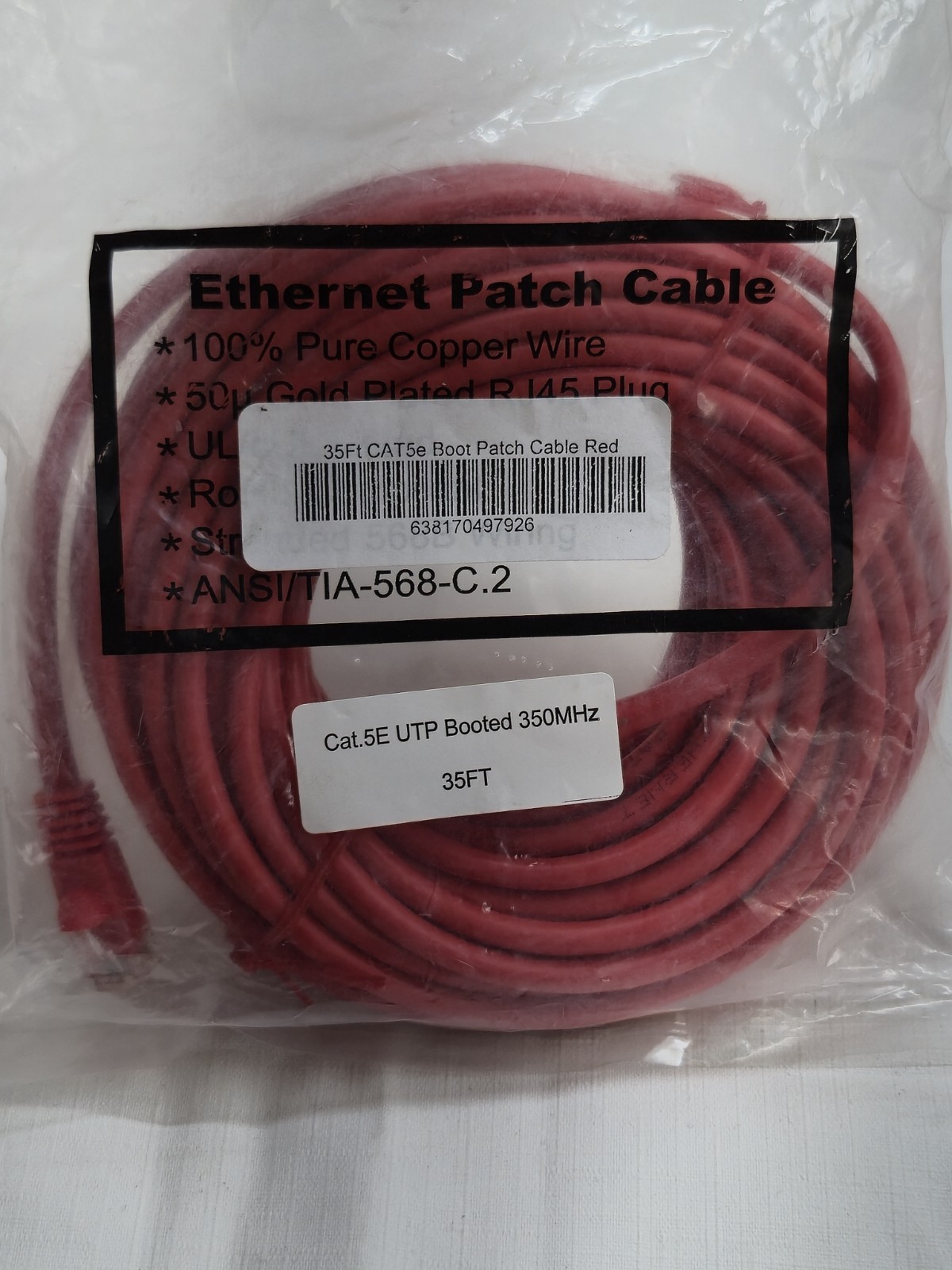 Cat.5e Ethernet Patch Cable RED Booted 350MHz RJ45 35ft
