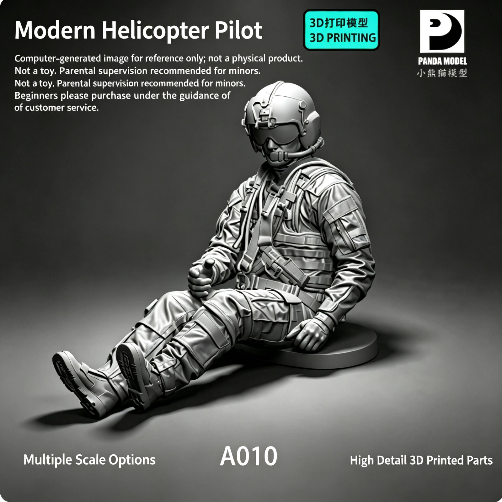 3D-Printed 1/72/48 Modern Helicopter Crew Pilot Unpainted Model
