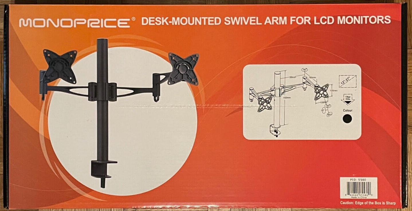 BRAND NEW IN BOX Monoprice Desk-Mounted Swivel Arm for Dual 13-27" LCD Monitors
