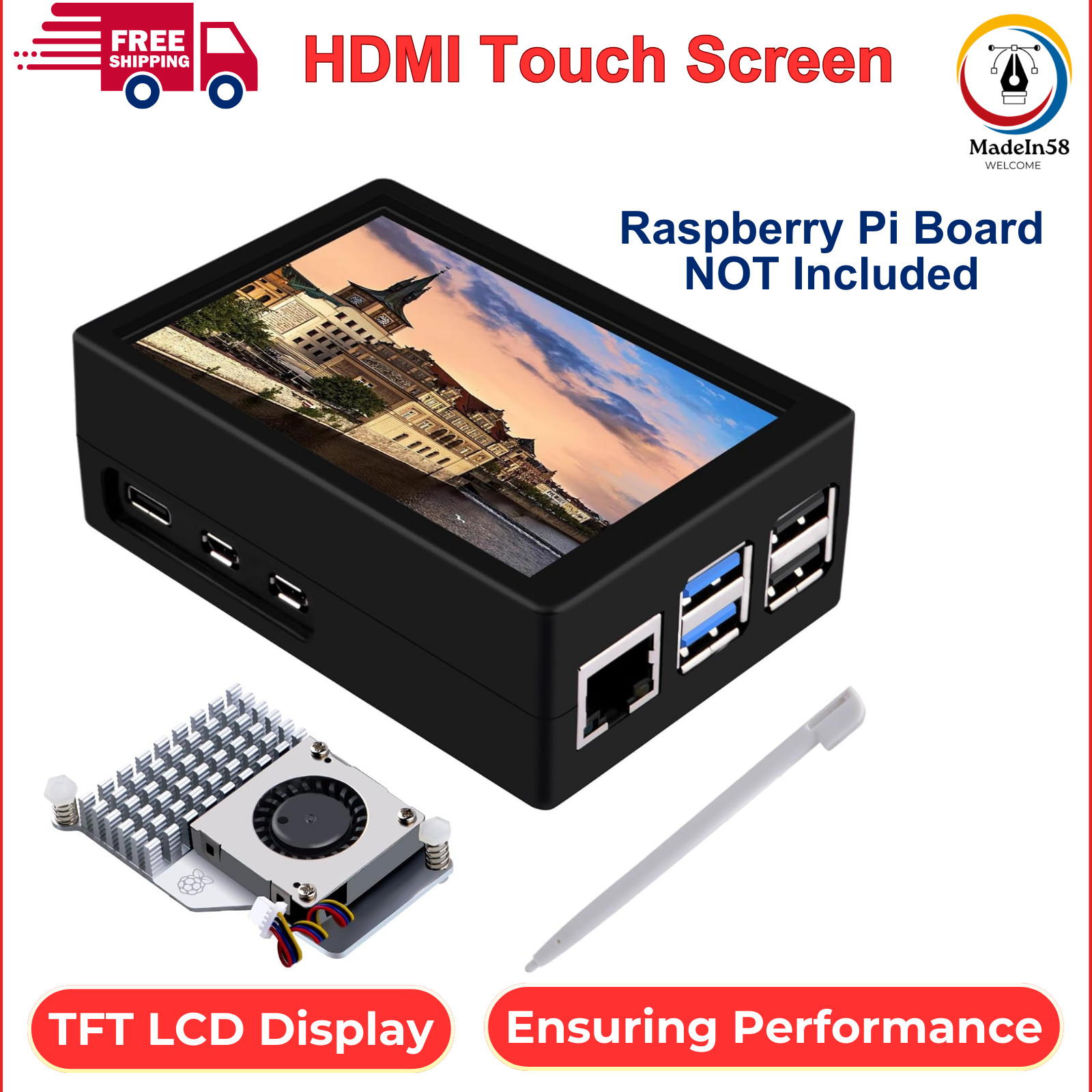 3.5 Inch HDMI Touch Screen With Case For Raspberry Pi 5, 320X480 Monitor TFT LCD