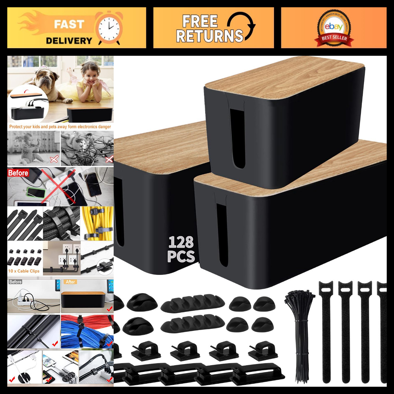 128PCS Cable Management Kit - 3 Pack Cord Hider Boxes for Power Strips, Wire Org