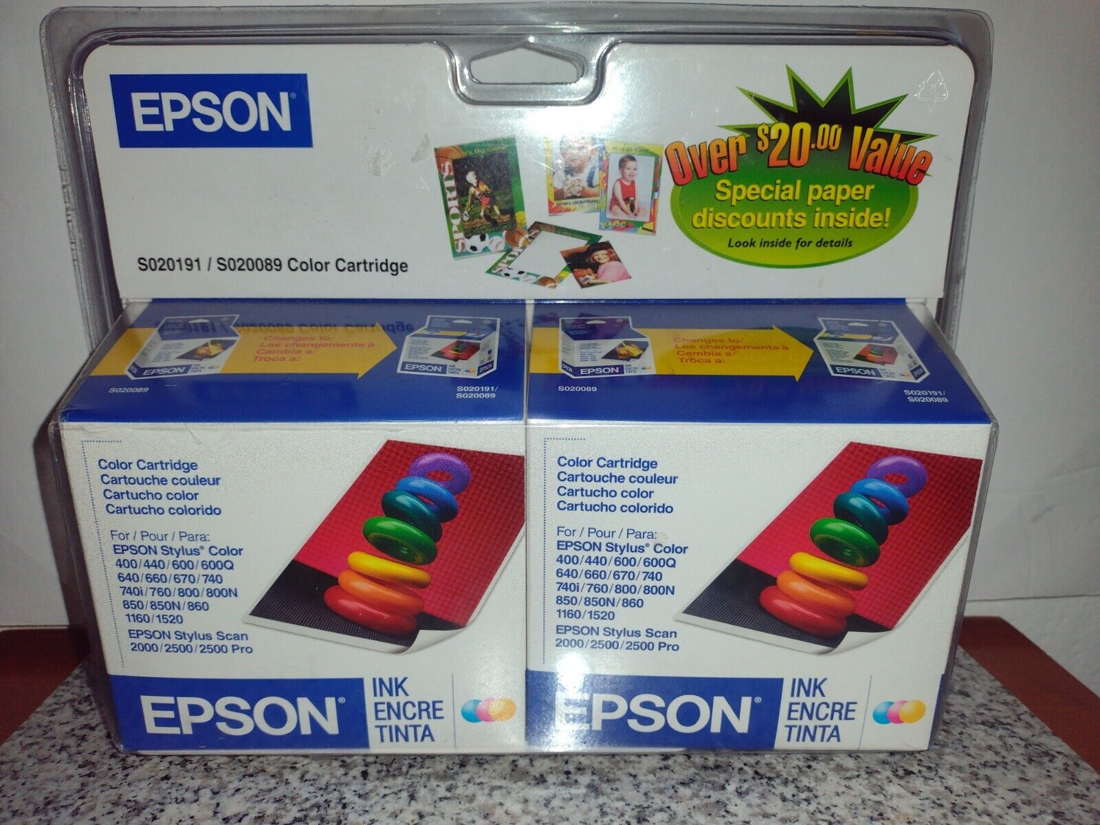 TWO Epson S020191 / S020089 Genuine Tri-Color Ink Cartridge. Double Pack. NEW.