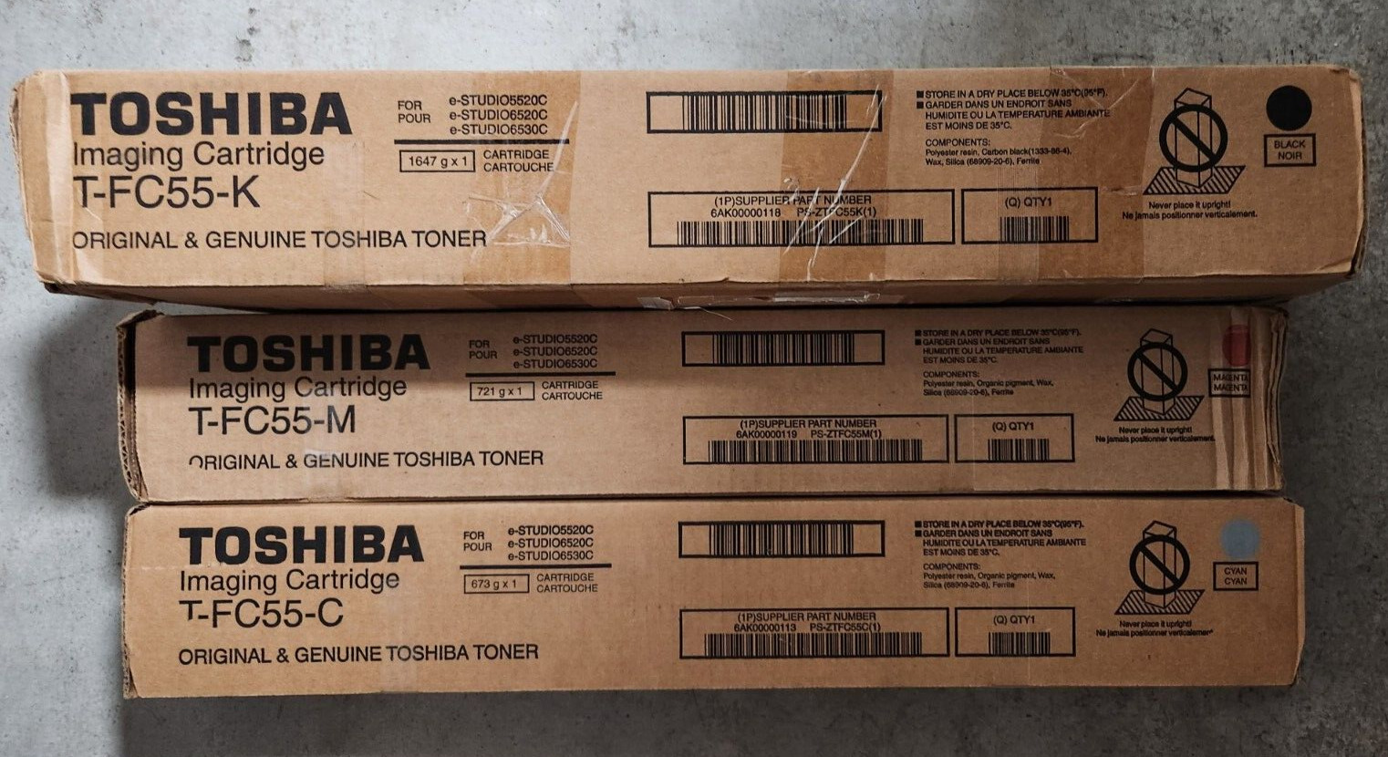 Lot Of 3 Toshiba TFC55C TFC55M TFC55K  Cyan Magenta Black Toner