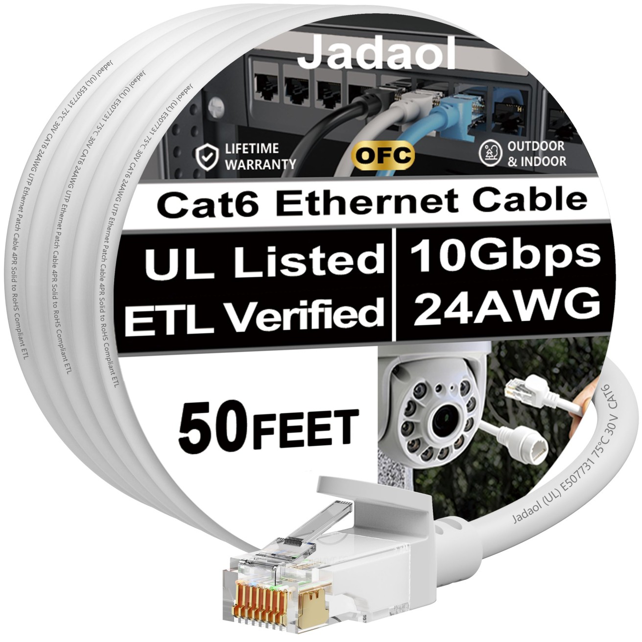 Jadaol [UL Listed] Snagless Cat6 Ethernet Cable 50 ft 10Gbps, PoE++, White
