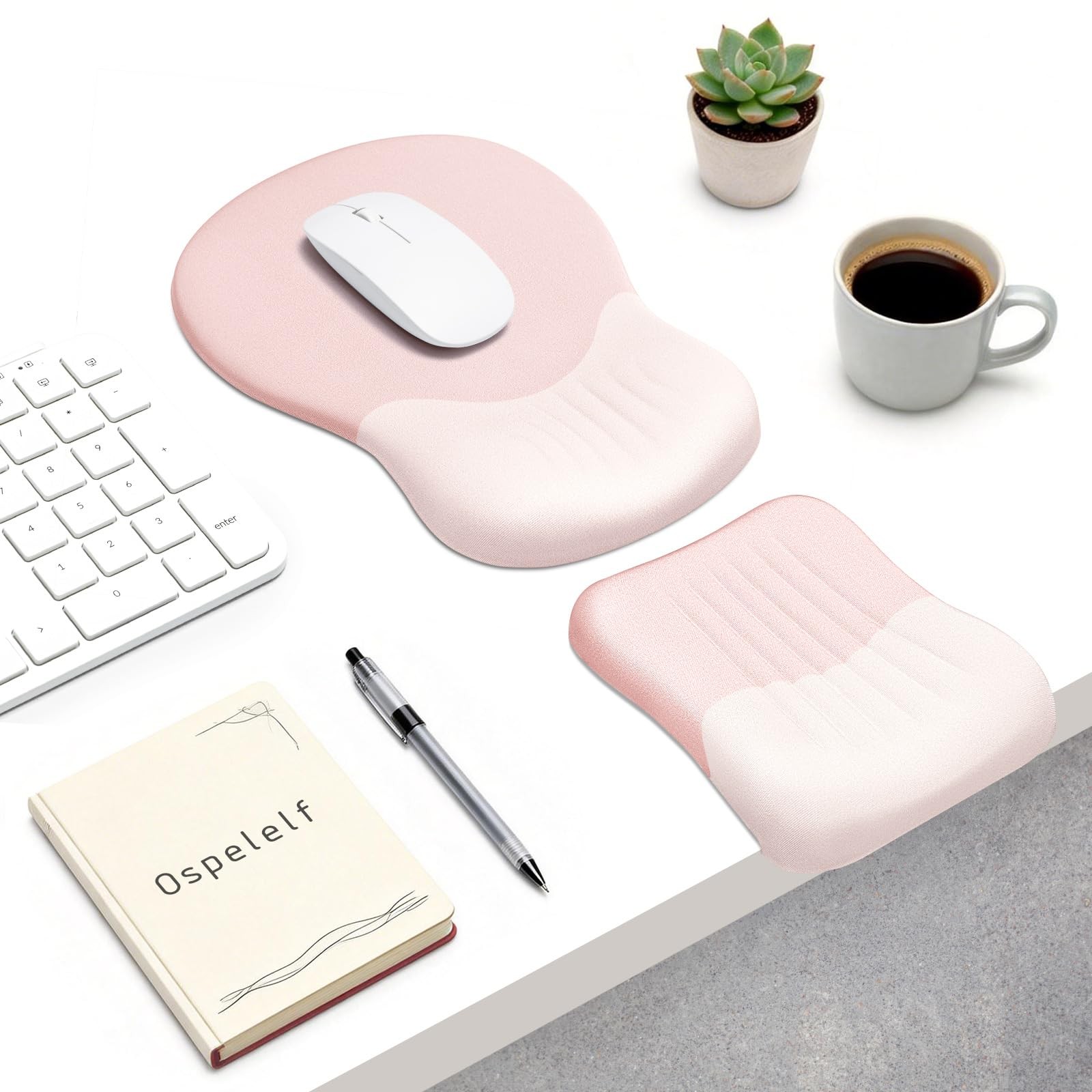 Ospelelf Mouse Pad with Wrist Rest Set Foam L-Shaped 17.1 x 2.9 inches, Pink