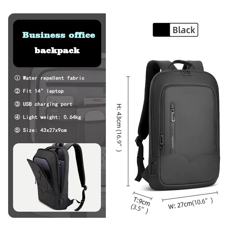 Slim 15.6" Laptop Backpack Waterproof USB Charging Business Travel Bag