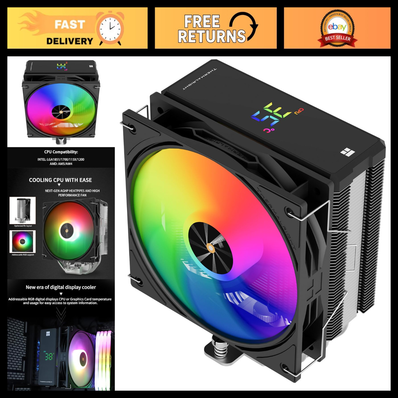 High-Performance 120mm ARGB CPU Cooler, PWM Quiet Fan, Intel/AMD Compatible, Dig