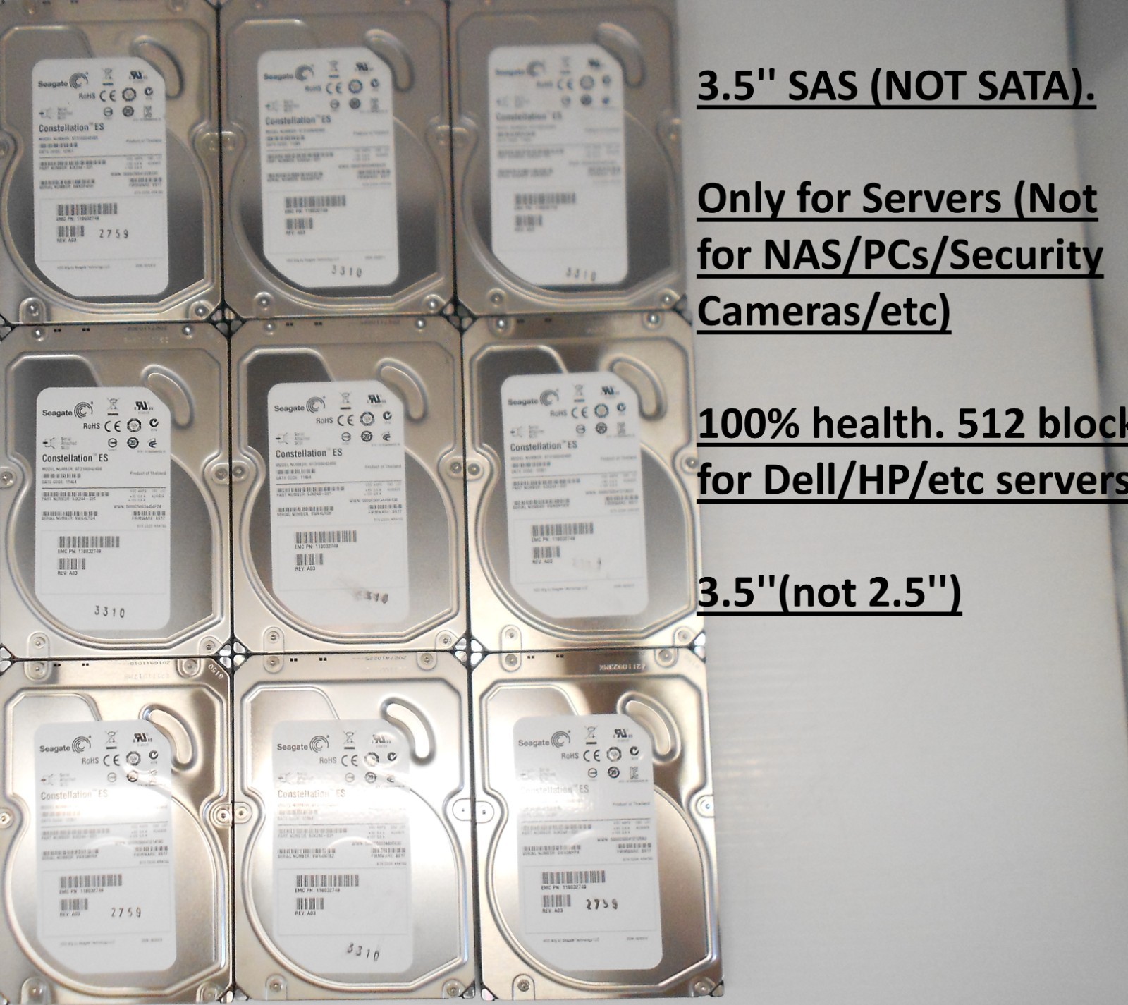Lot of 10 Seagate 1TB 7.2K SAS 3.5" 6g Storage Server JBOD Hard Drive Dell HP
