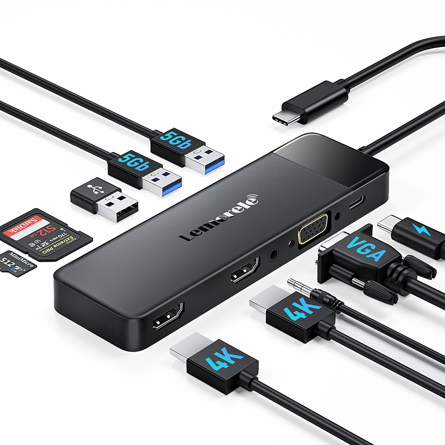 Lemorele Adaptador Hub 10-in-1 Usb 3.0 5gbps 4k HDMI+vga port for laptops