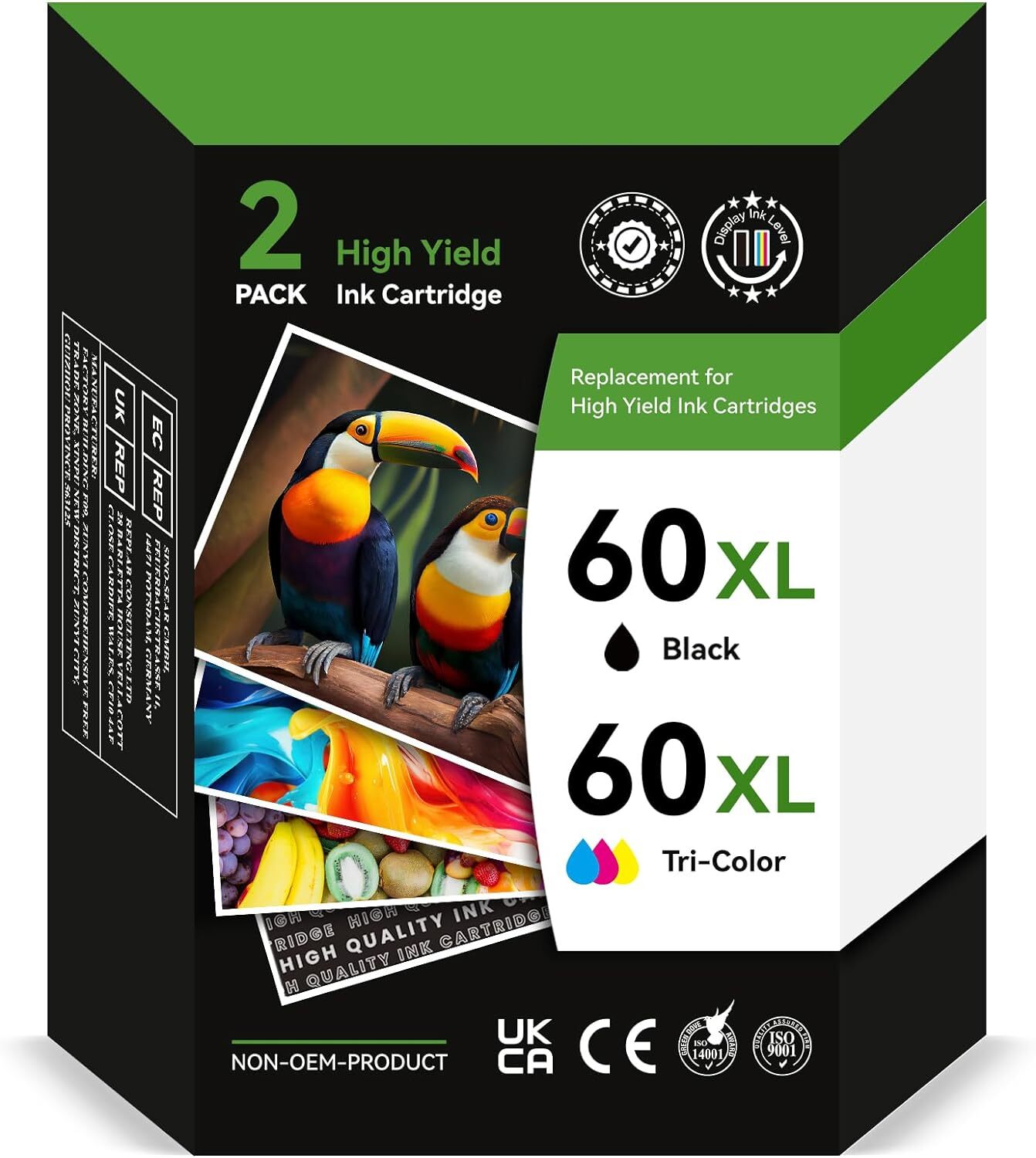 2 Pack 60XL Ink Cartridge Combo for HP DeskJet F4480 F4440 D2660 F4275 F4280 Let