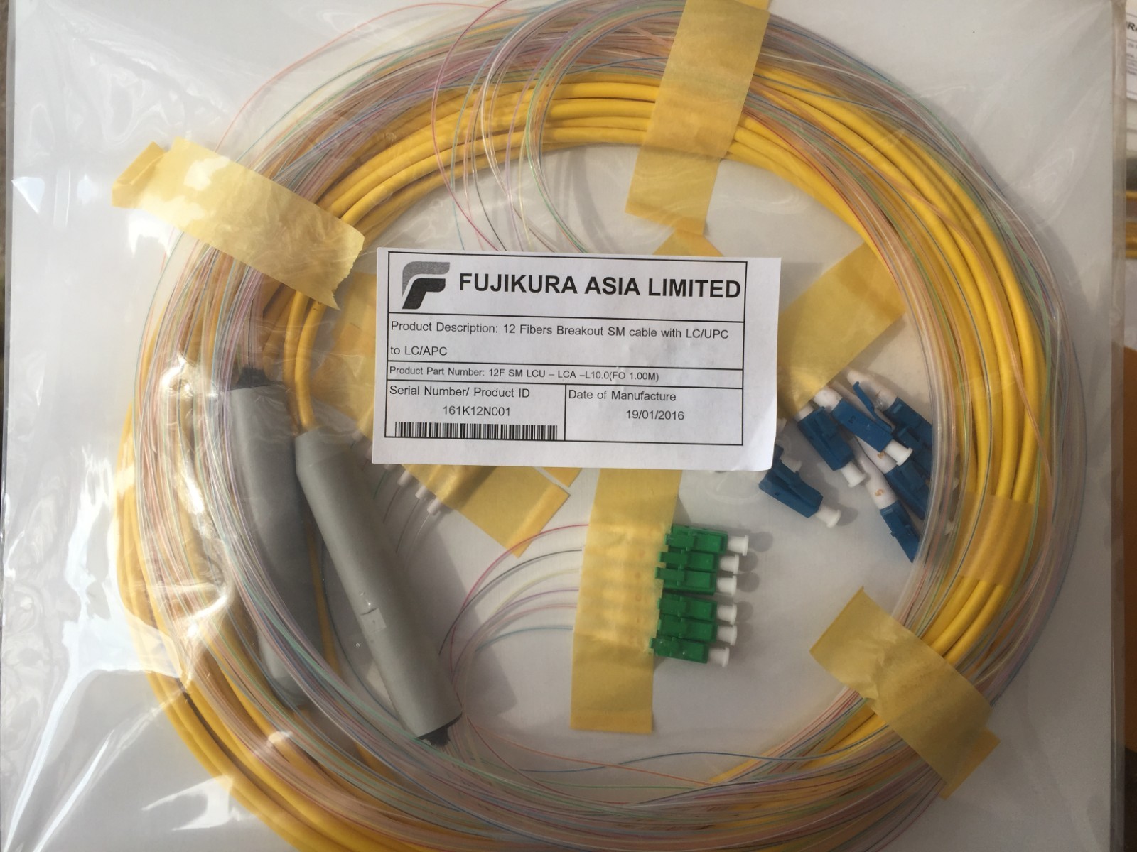 FUJIKURA 12 Fibers Breakout SM Cable with LC/UPC to LC/APC, 12F, 1M, BRAND