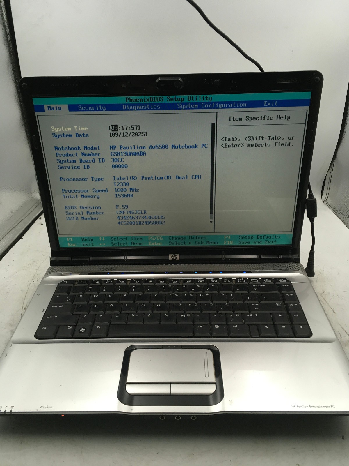 HP PAVILION DV6500 - BOOTS TO BIOS - INTEL PENTIUM - 1GB RAM - READ DESCRIP - BB