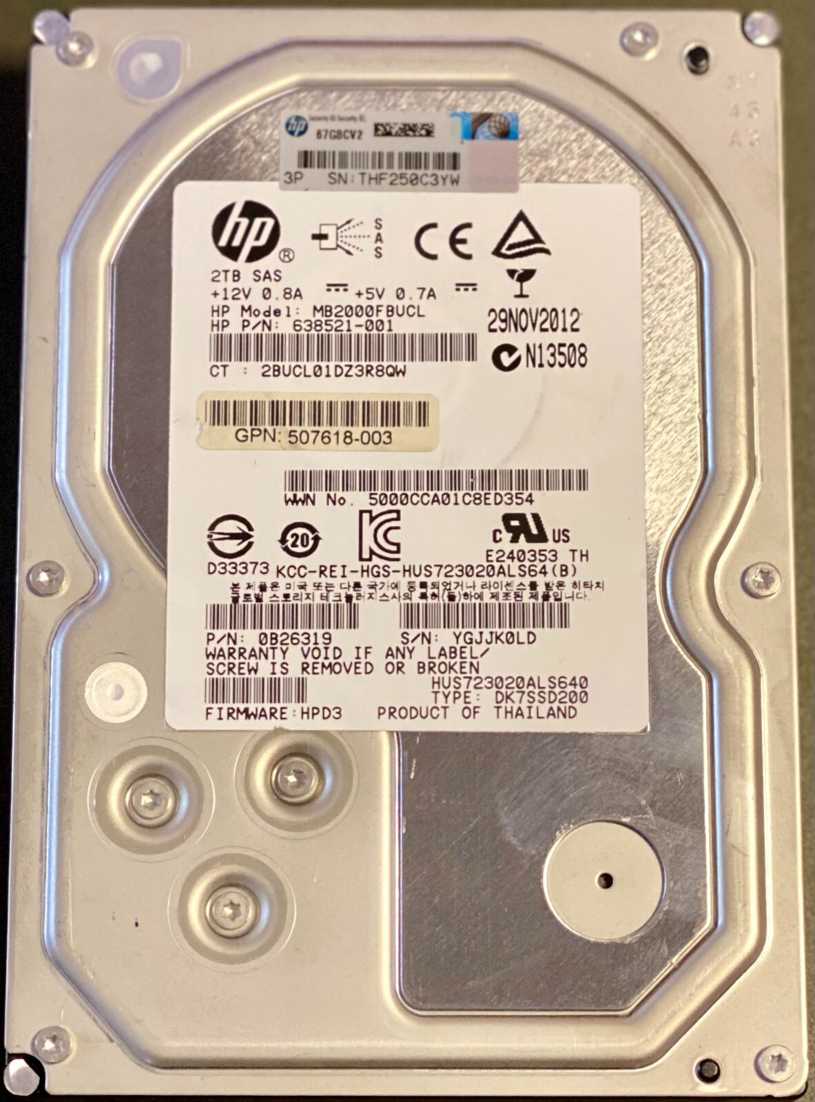 HP MB2000FBUCL 638521-001 2TB 7.2K 3.5" 6G DP sas midline hard drive
