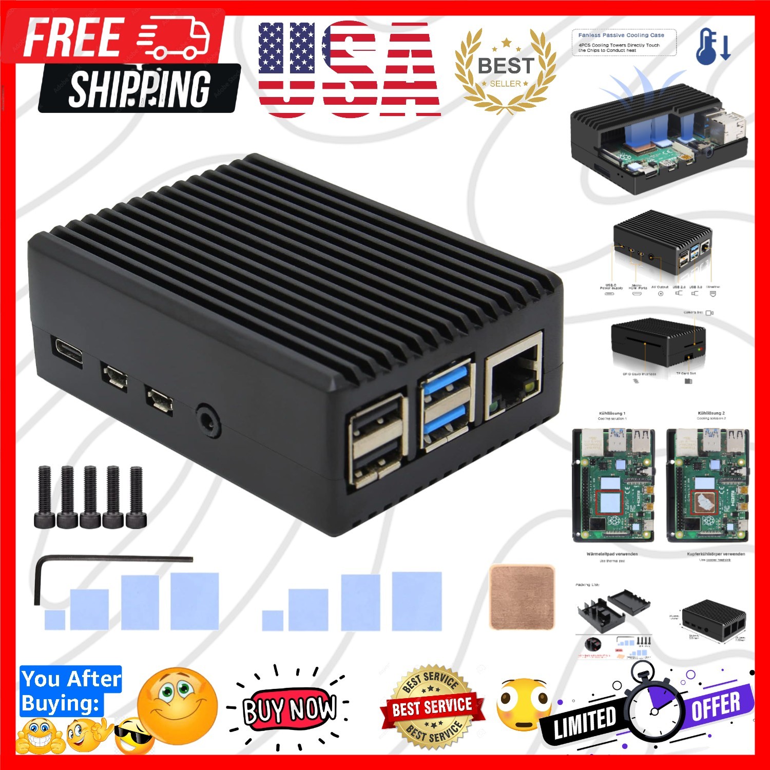 P173 Heavy Duty Passive Cooling Aluminum Case for Raspberry Pi 4 | Fanless, S...