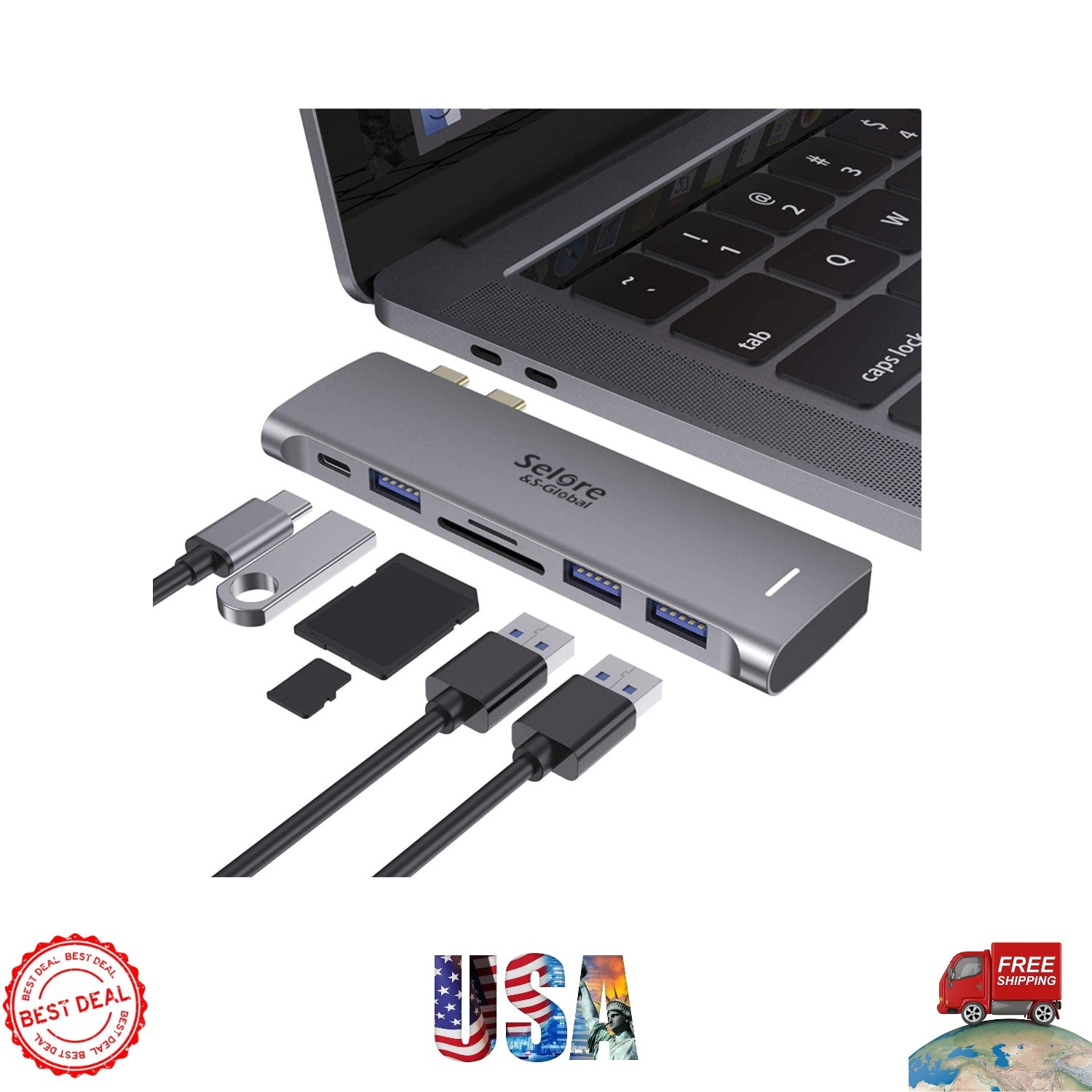 6-in-1 USB C Hub for MacBook Pro/Air – 100W Thunderbolt 3 & 3 USB Ports