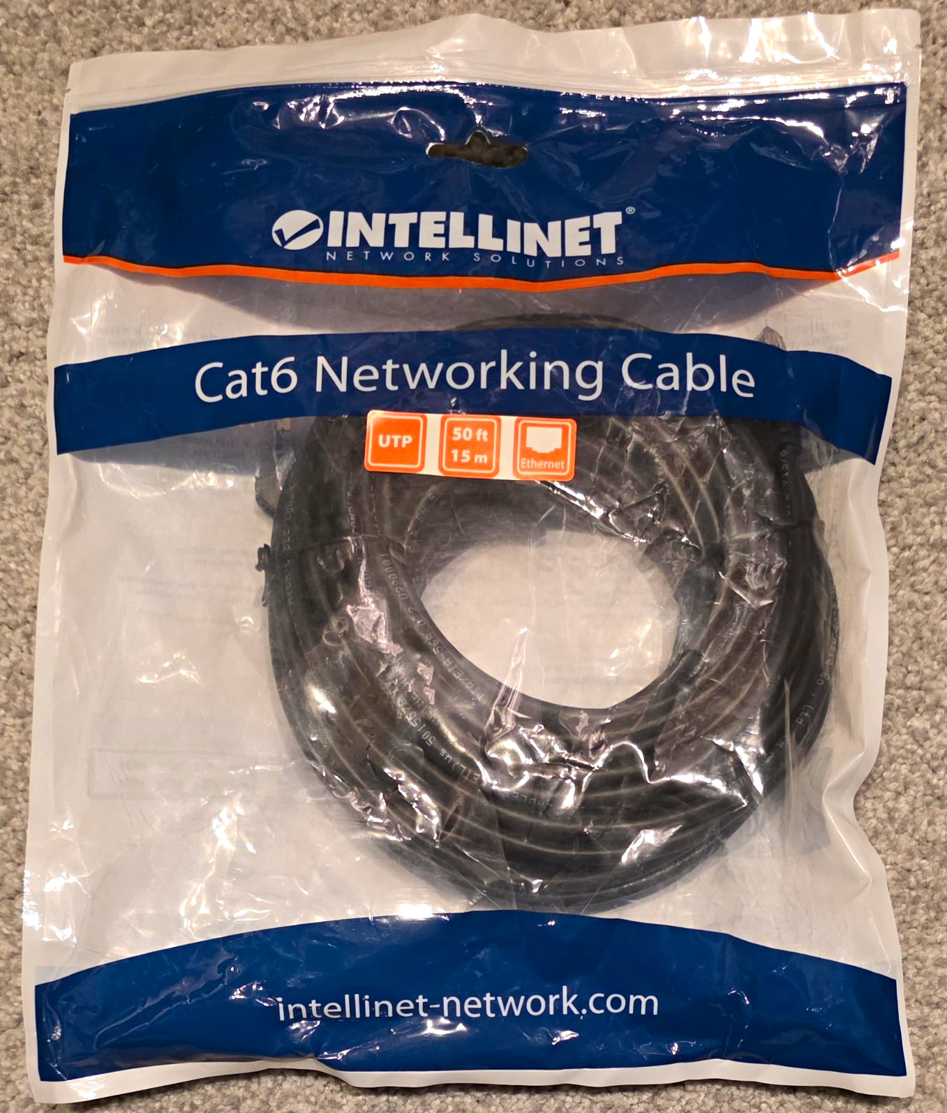 Intellinet Cat6 RJ45 Ethernet Cable 50 ft Black UTP Round Universal Compatible