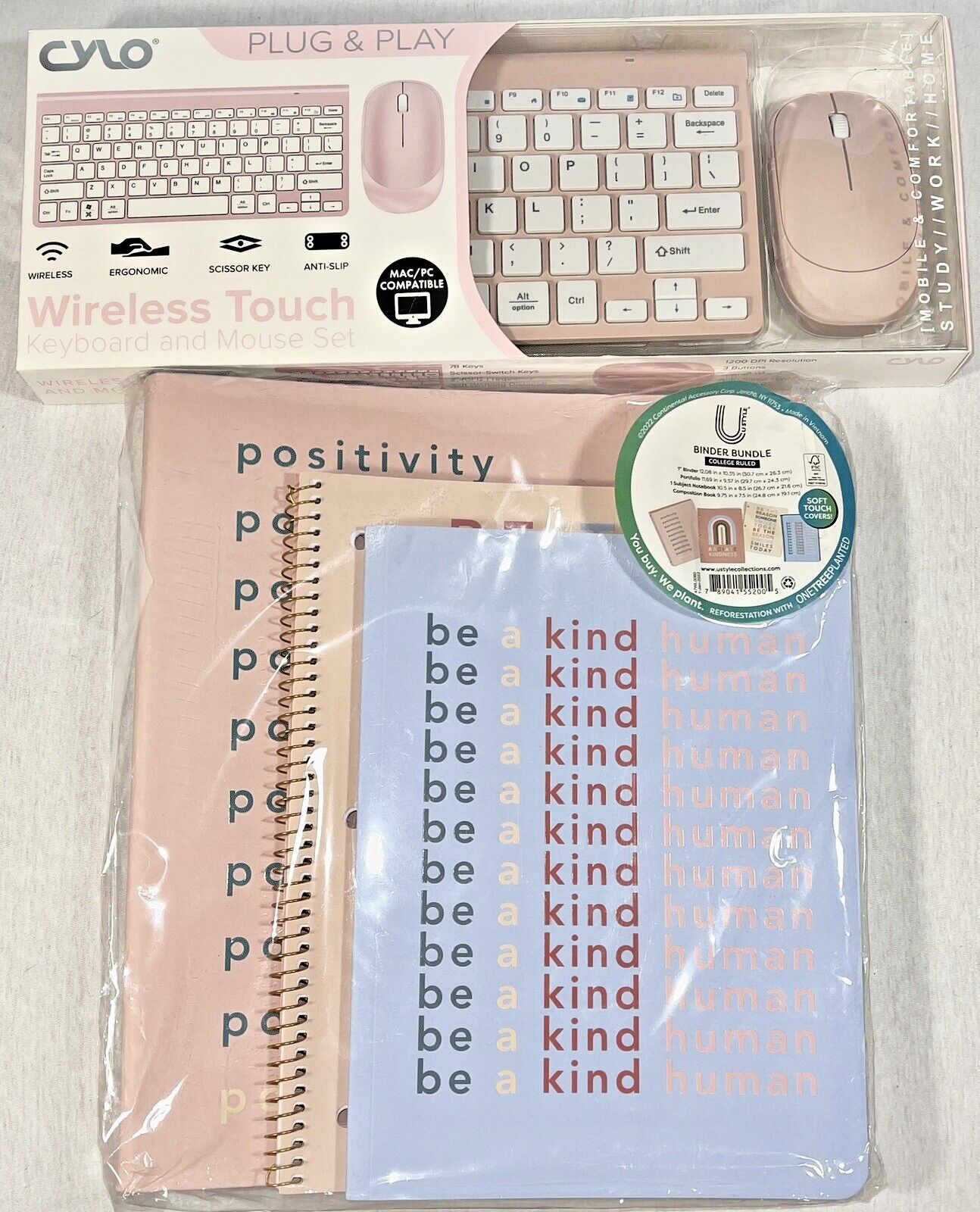 CYLO Plug & Play Wireless Mouse and Keyboard Pink & Ustyle Binder Notebook Set