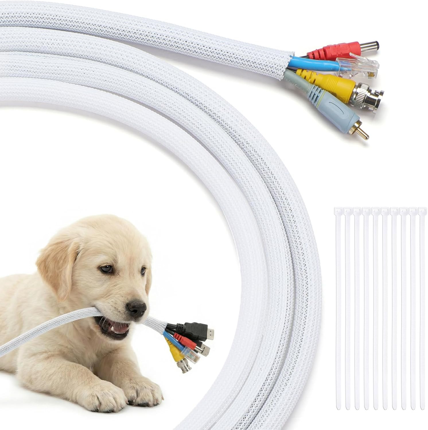 10Ft - 1/2 Inch Cord Protectors from Pets No Chew, White | Split Cable