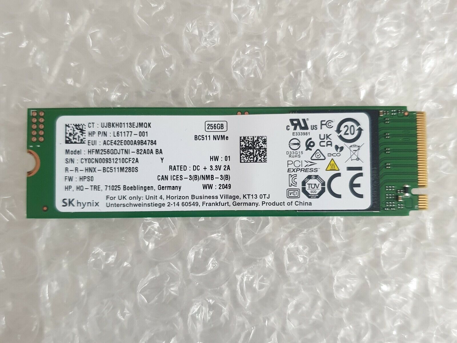 SK HYNIX BC511 NVMe 256GB SSD M.2 HARD DRIVE for HP 250 G8 - L61177-001
