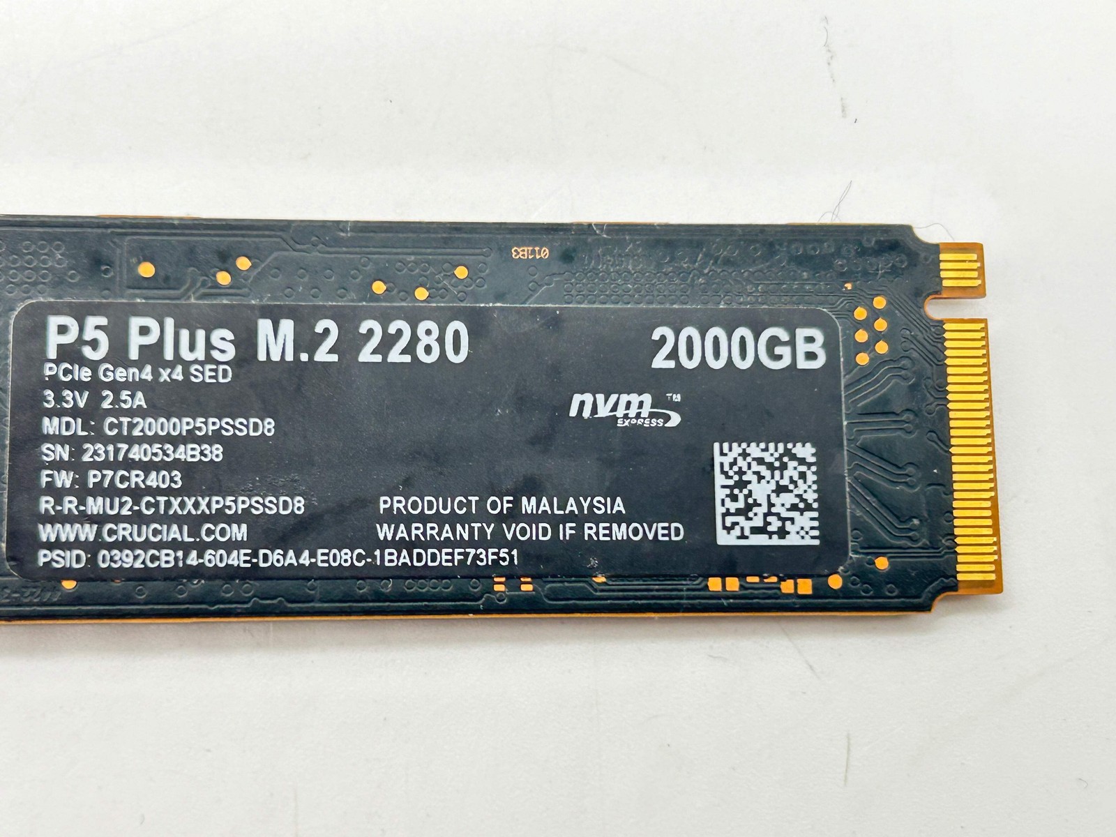Crucial P5 Plus 2TB M.2 2280 NVMe Gen4 SSD CT2000P5PSSD8 0% Health For Parts
