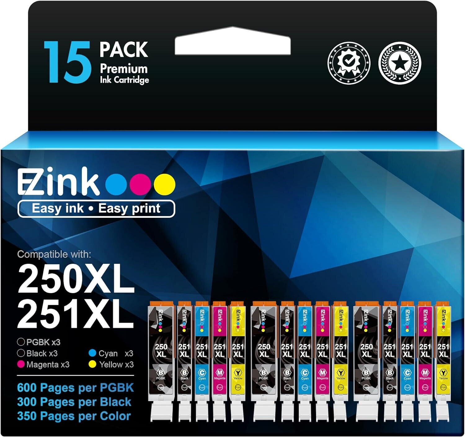 E-Z ink 250 251XL (SEALED Ink Cartridges 4 Canon PGI- CLI-), 15-Pack, Open Box.