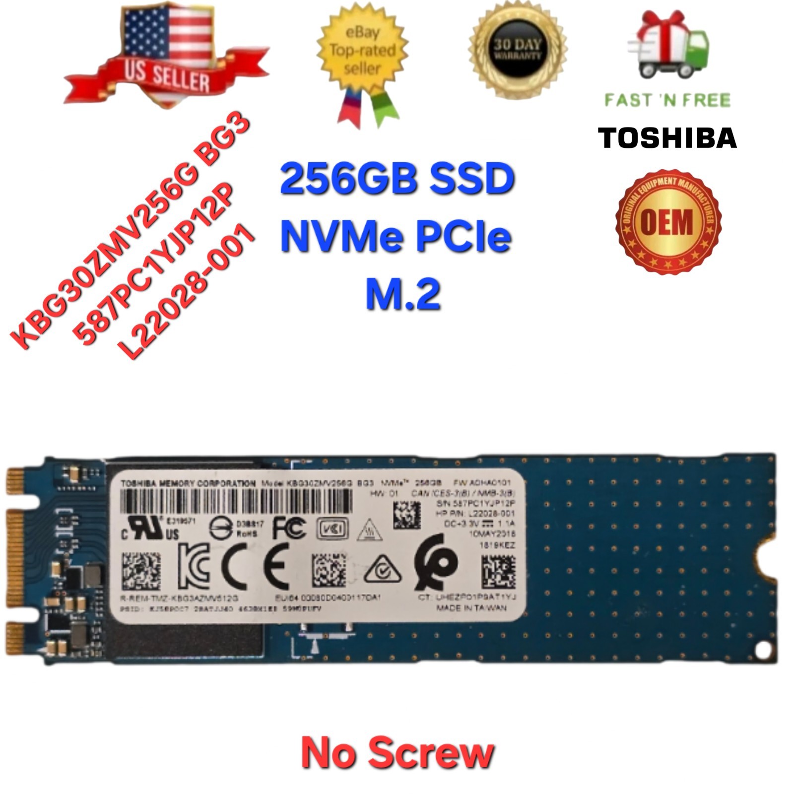 Toshiba BG3 256GB NVMe M.2 SSD PCIe KBG30ZMV256G HP L22028-001 587PC1YJP12P