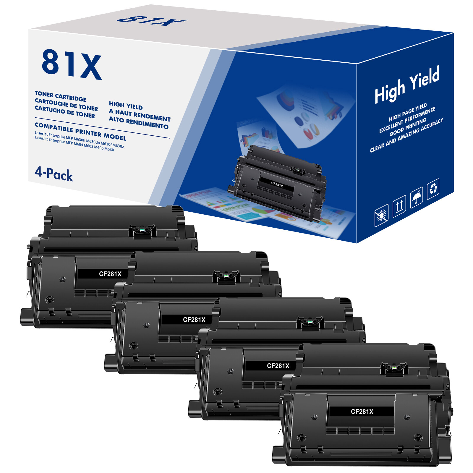 4 PK CF281X 81X High Yield Toner Compatible for HP LaserJet MFP M630dn M605x