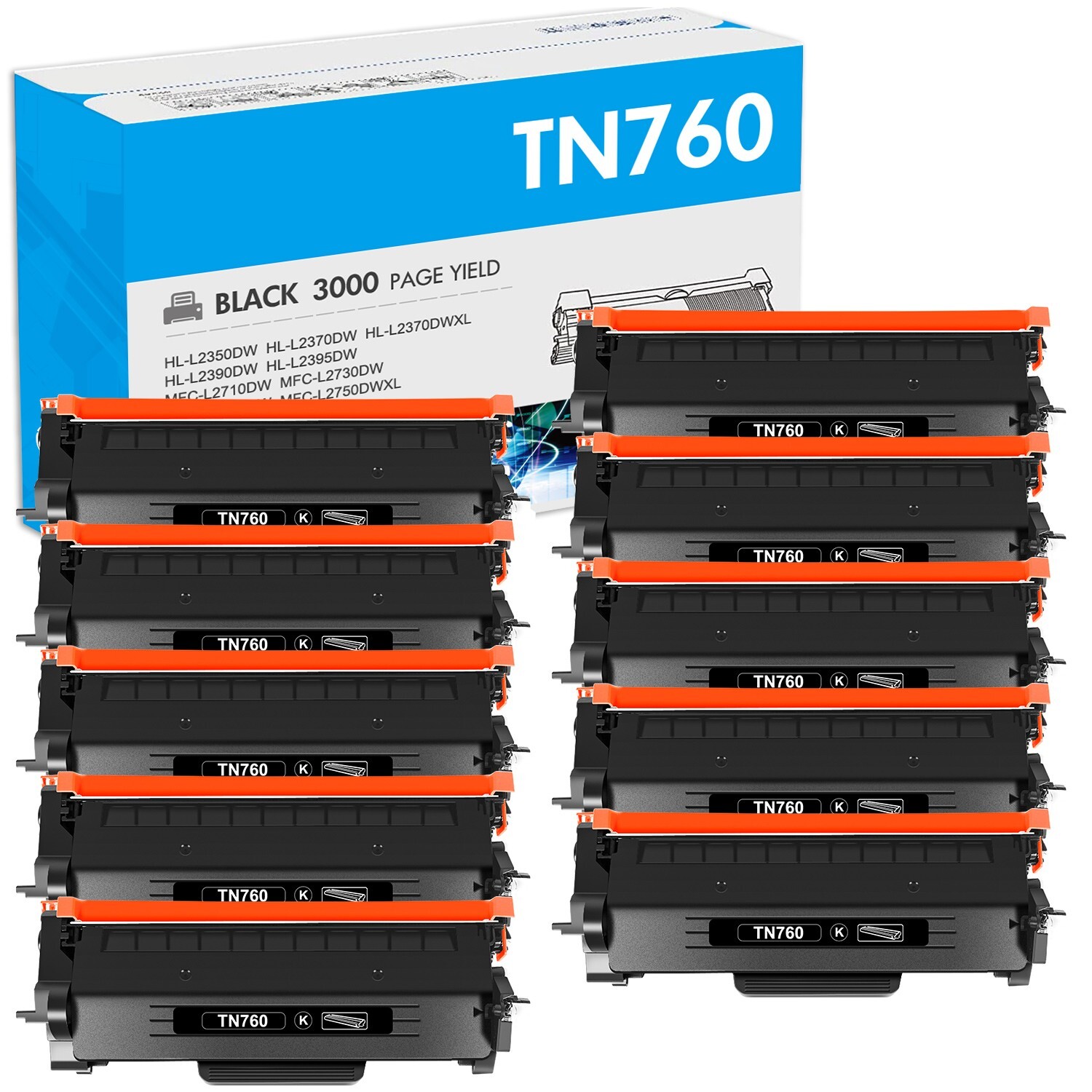 10 Pack TN760 TN730 Toner Compatible With Brother MFC-L2710DW L2730DW HL-L2350DW