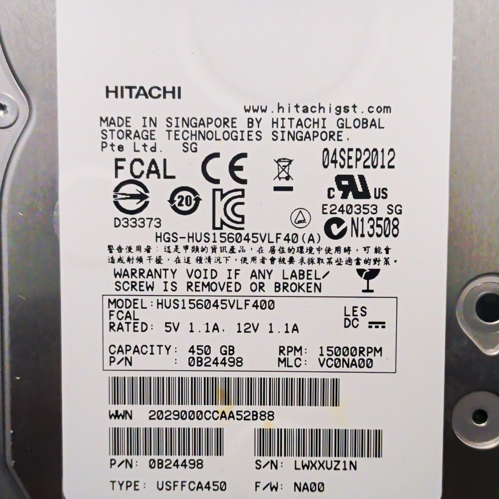 Hitachi 450GB HUS156045VLF400 15K RPM 3.5 SAS HDD W/ Caddy