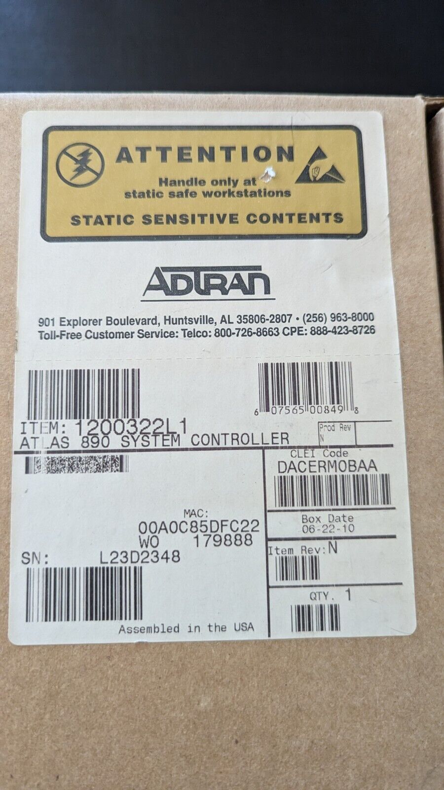 Adtran Atlas 890 System Controller Card 1200322L1 New Open Box