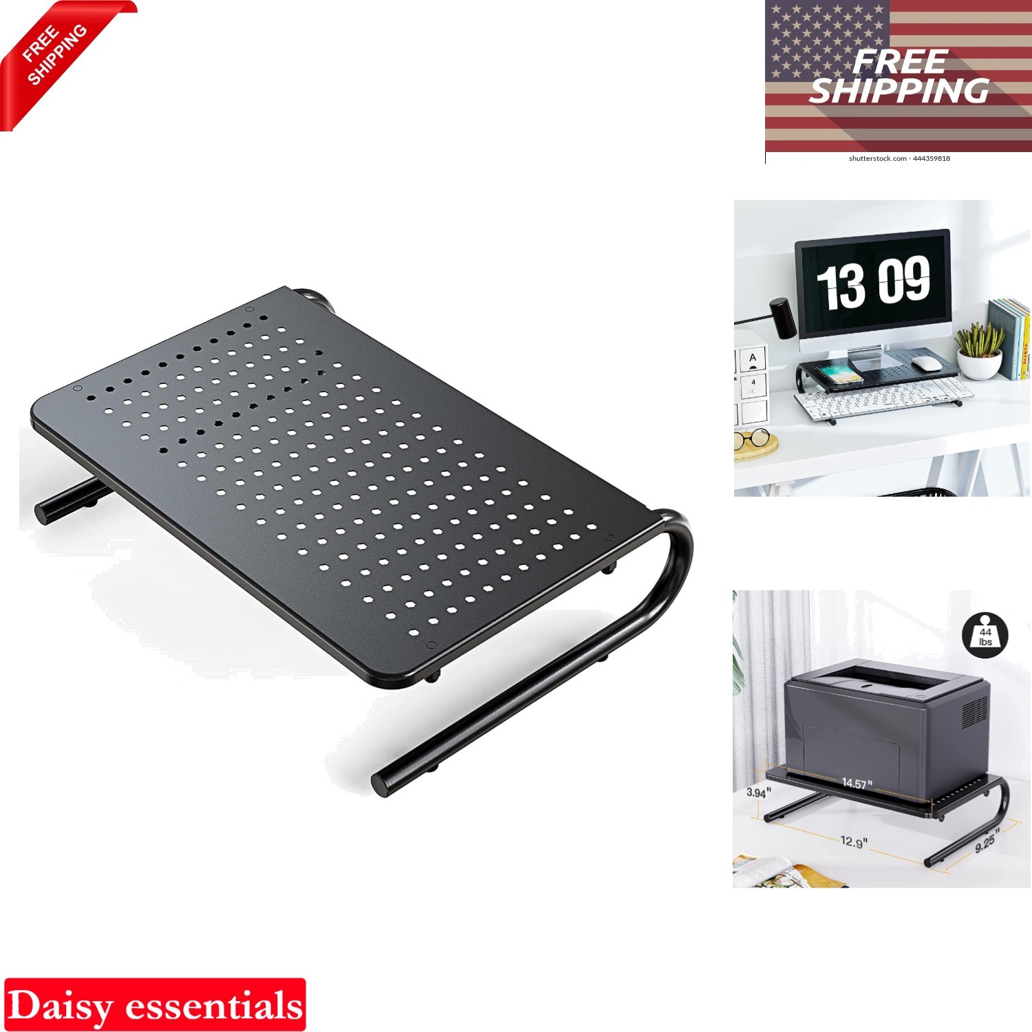 Black Metal Monitor Riser Stand with Ventilation for Desk, Laptop, Printer, H...