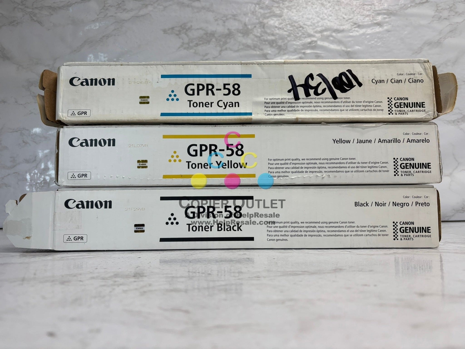 3 Open OEM Canon IRA C256,C257,C356,C357 Toners GPR-58 CYK (water damaged box)