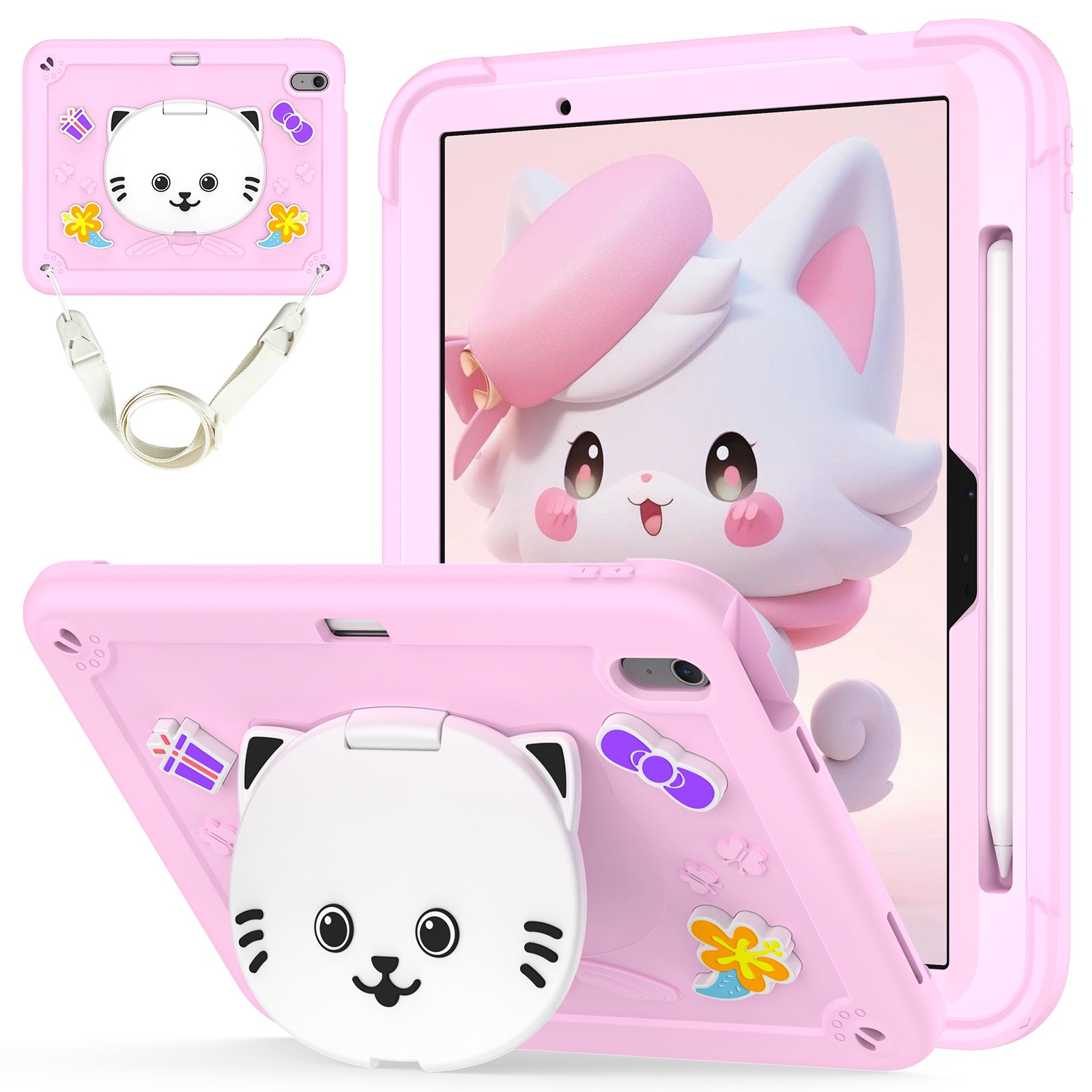For Apple iPad Air 11 inch M2/M3/M4 Model Kids Cute Cat Stand Case Cover w Strap