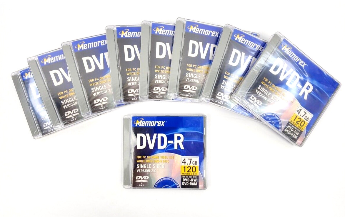 New VTG Memorex DVD-R Disc 4.7GB 120 Min. Video Single Sided Set of 8 Sealed 2.0