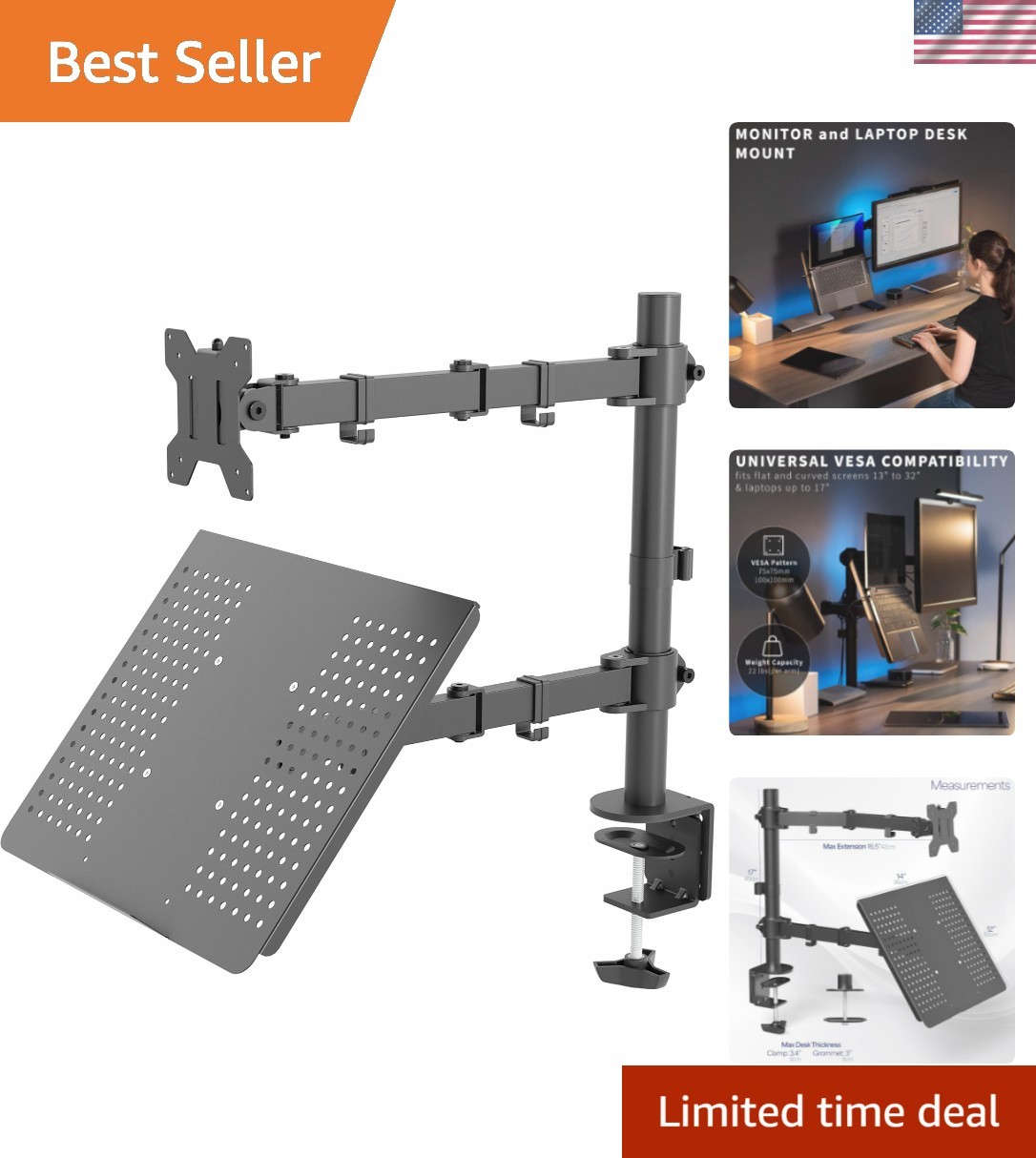 Black Fully Adjustable 13 to 32 inch Single Computer Monitor and Laptop Desk ...