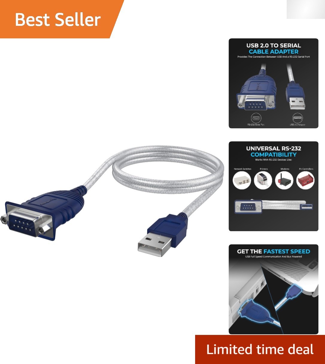 2.5 Feet USB 2.0 to Serial 9 Pin DB 9 Converter - Compatible with Windows & Mac