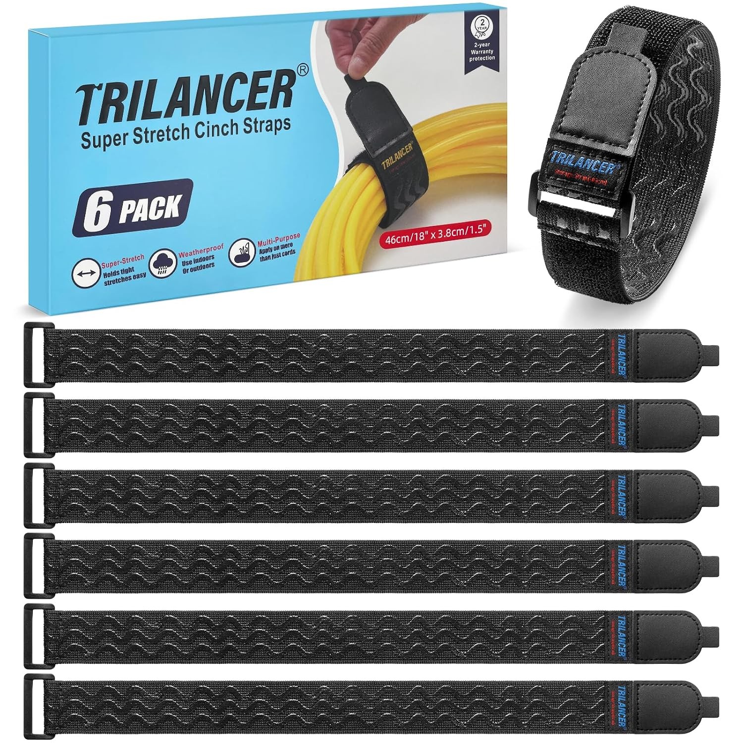 Trilancer Elastic Cinch Straps with Anti-Slip Strips, 18'' x 1.5'' (6 Pack)